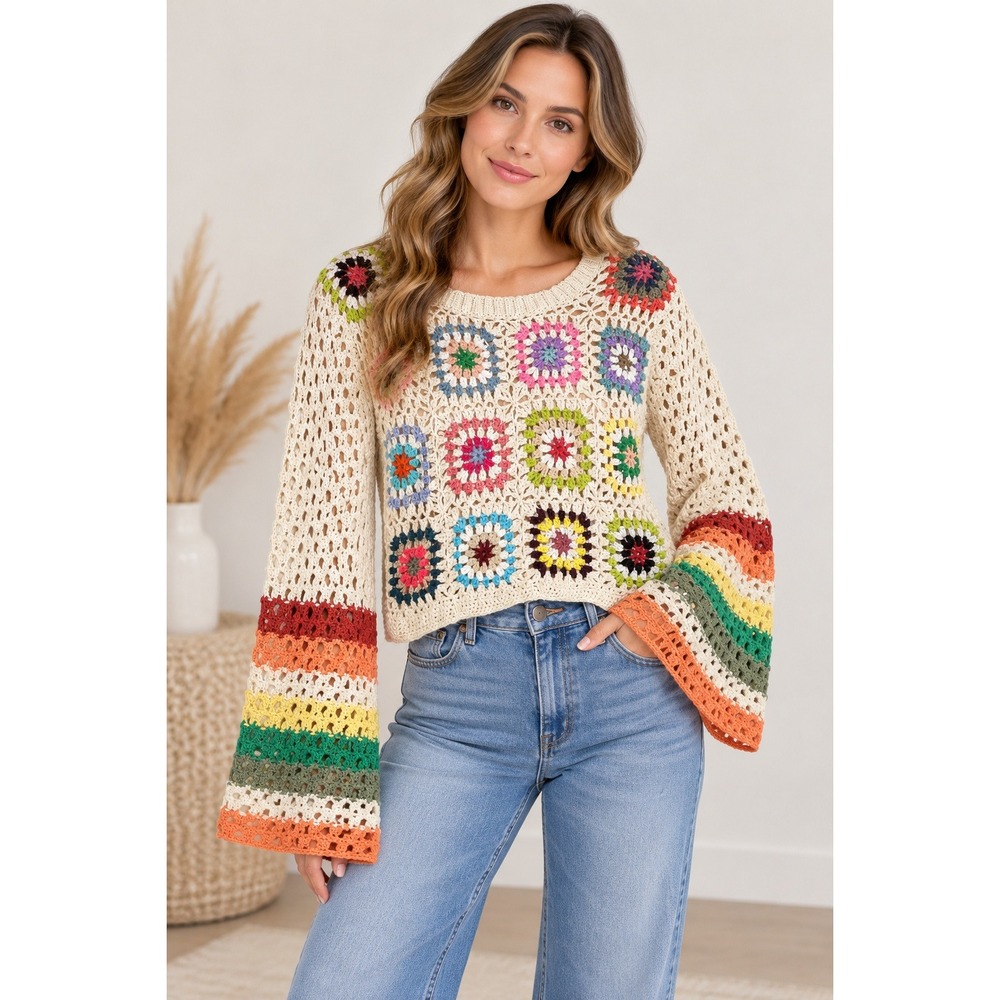 Davi & Dani Granny Square Crochet Sweater L Rainbow Bell Sleeve DWT32362